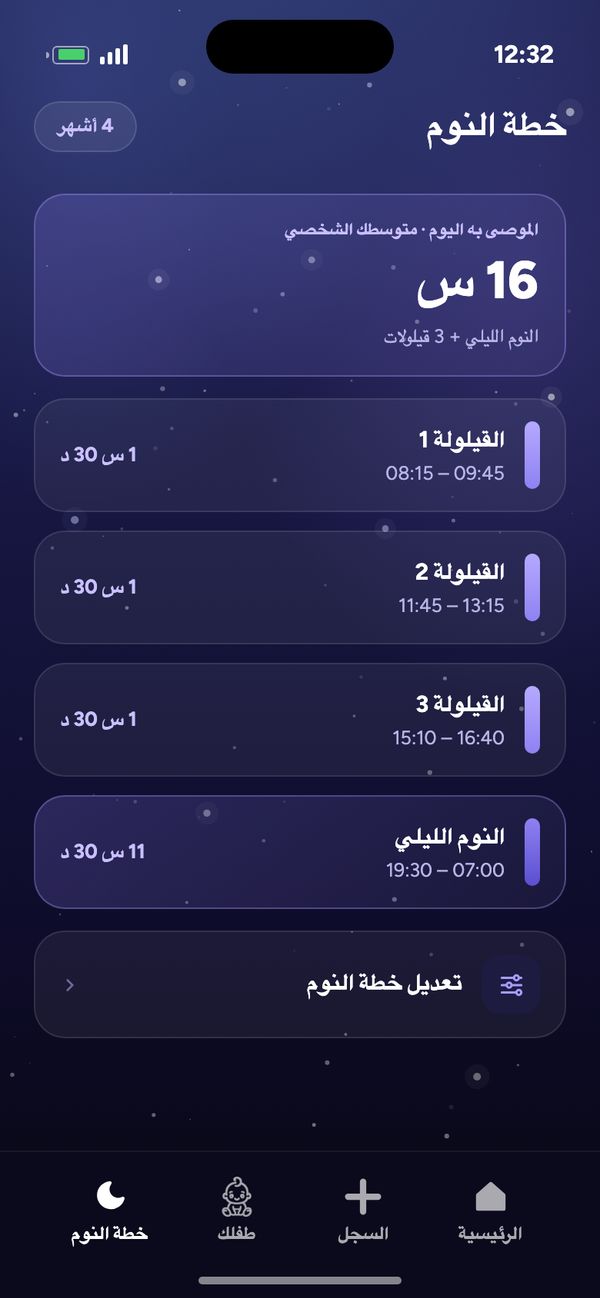 خطة النوم حسب العمر لطفل عمره 4 أشهر: 16 س موصى بها، 3 قيلولات، النوم الليلي 19:30–07:00