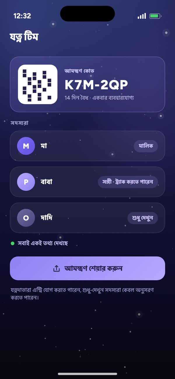 যত্ন টিমে সঙ্গীর সাথে শেয়ার করা: আমন্ত্রণ কোড, মা, বাবা ট্র্যাক করতে পারেন, দাদি শুধু দেখতে পারেন