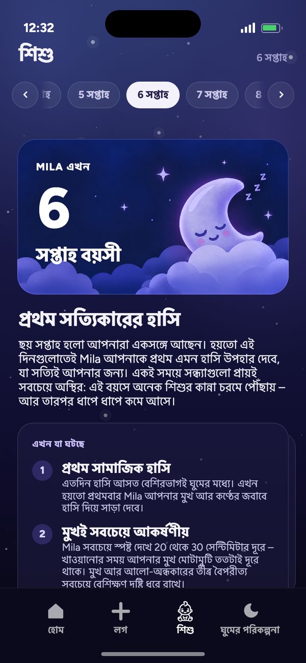 শিশু ট্যাবে সপ্তাহে সপ্তাহে বিকাশ: “Mila এখন 6 সপ্তাহ বয়সী” আর “প্রথম সত্যিকারের হাসি”