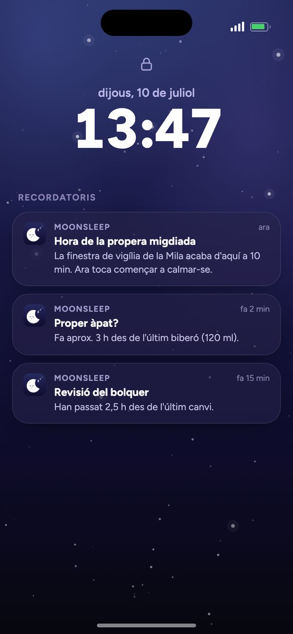 Recordatoris de Moonsleep a la pantalla de bloqueig: propera migdiada, proper àpat, revisió del bolquer