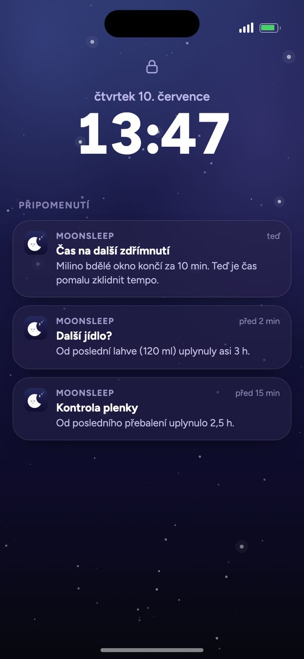 Připomenutí Moonsleep na zamykací obrazovce: další zdřímnutí, další jídlo, kontrola plenky