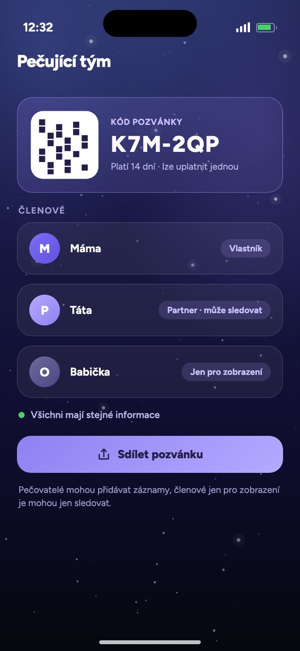 Sdílení s partnerem v pečujícím týmu: kód pozvánky, Máma, Táta může sledovat, Babička si záznamy může jen prohlížet