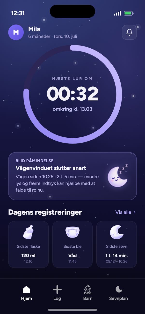 Startskærmen i Moonsleep-appen: nedtælling til næste lur, blid påmindelse og dagens registreringer