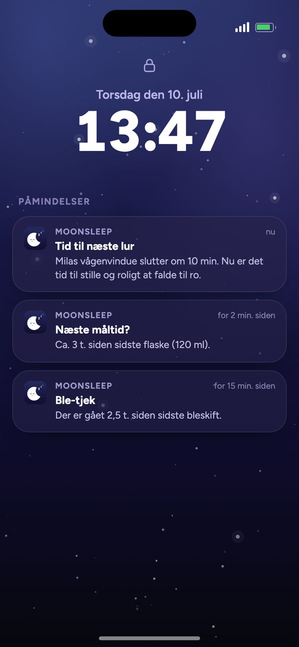 Påmindelser fra Moonsleep på låseskærmen: næste lur, næste måltid, ble-tjek