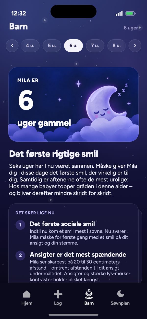Udvikling uge for uge i fanen Barn: »Mila er 6 uger gammel« og »Det første rigtige smil«