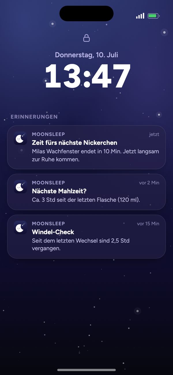 Erinnerungen von Moonsleep auf dem Sperrbildschirm: nächstes Nickerchen, nächste Mahlzeit, Windel-Check