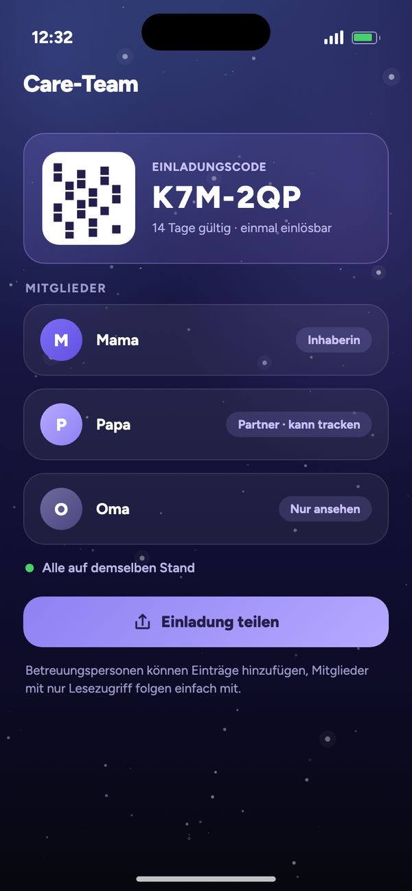 Mit Partner teilen im Care-Team: Einladungscode, Mama, Papa kann tracken, Oma kann nur ansehen