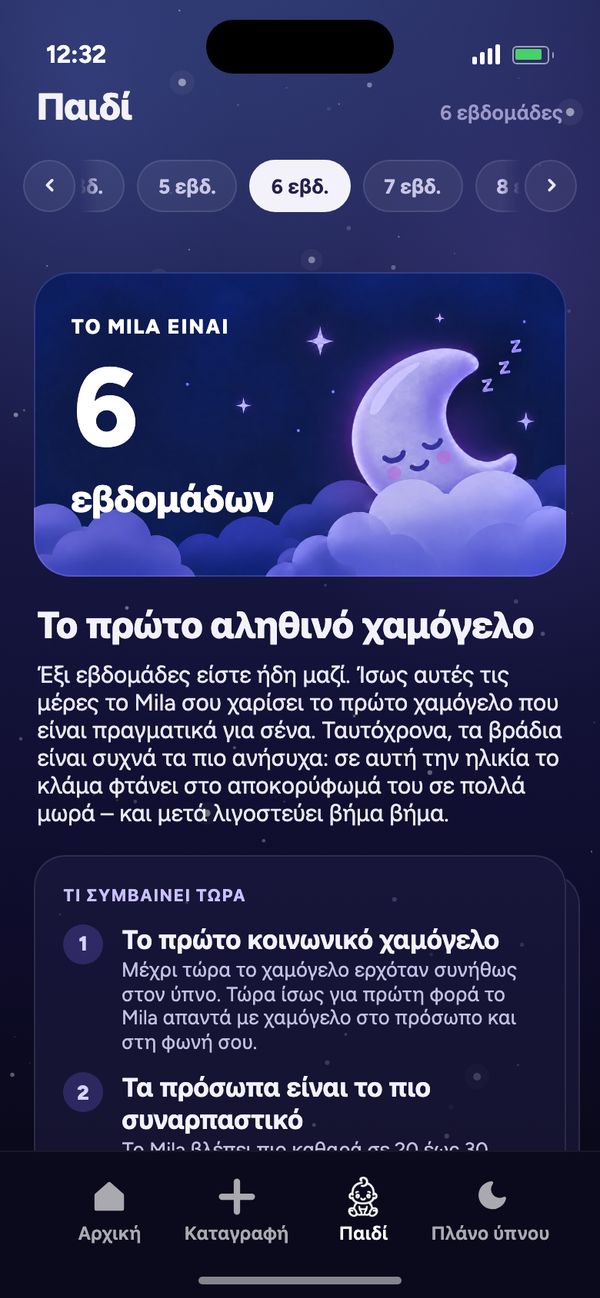 Ανάπτυξη εβδομάδα με την εβδομάδα στην καρτέλα «Παιδί»: «Το Mila είναι 6 εβδομάδων» και «Το πρώτο αληθινό χαμόγελο»