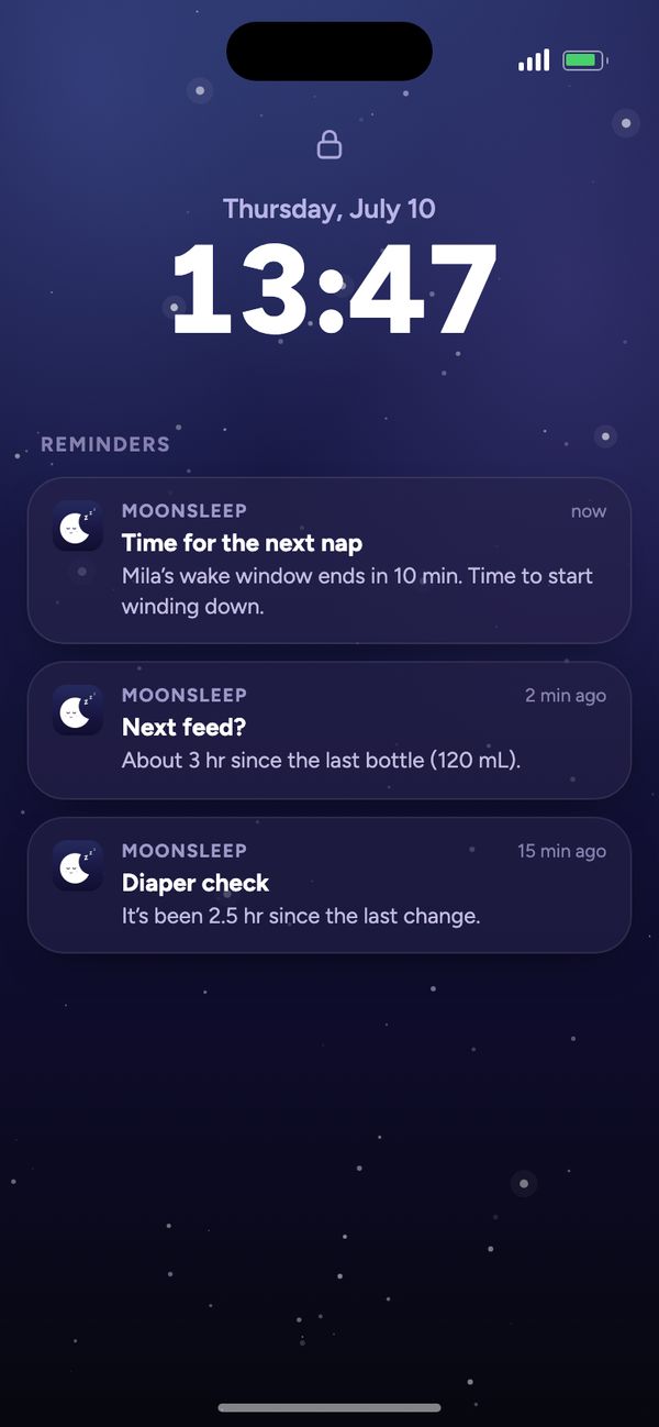 Moonsleep reminders on the lock screen: next nap, next feed, diaper check