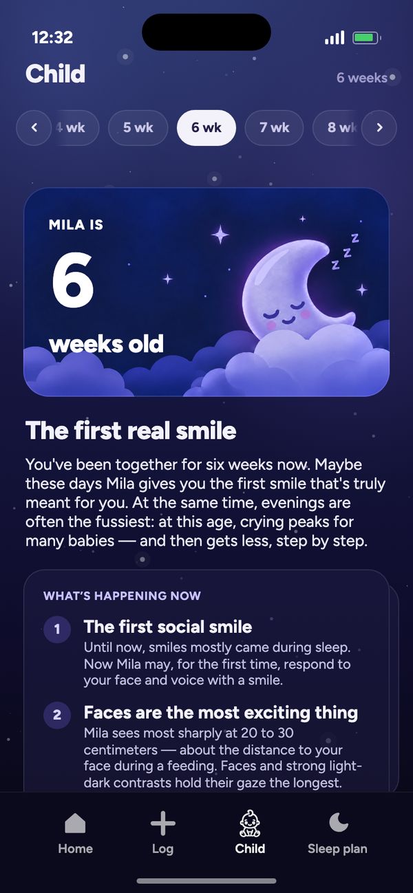 Development week by week in the Child tab: “Mila is 6 weeks old” and “The first real smile”