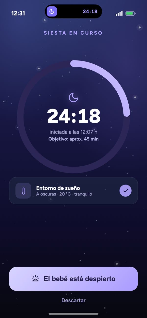Registrar el sueño con temporizador en directo: pantalla «Siesta en curso 24:18» en la app Moonsleep