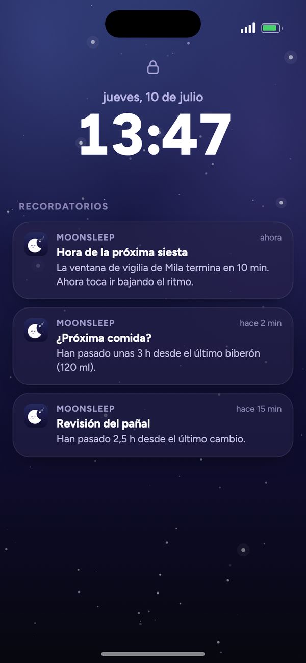 Recordatorios de Moonsleep en la pantalla de bloqueo: próxima siesta, próxima comida, revisión del pañal