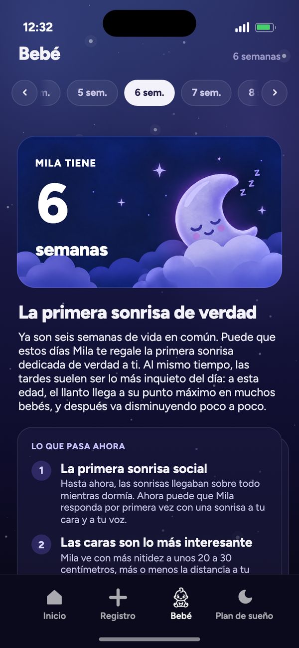 Desarrollo semana a semana en la pestaña Bebé: «Mila tiene 6 semanas» y «La primera sonrisa de verdad»