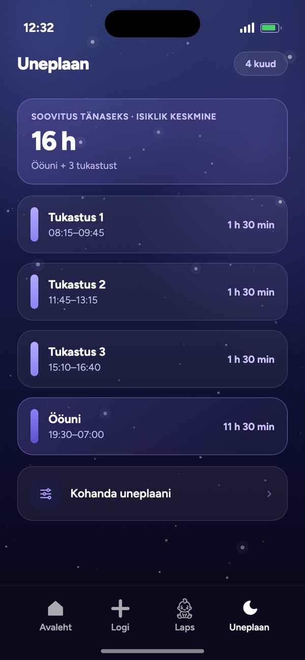 Uneplaan vanuse järgi 4-kuusele beebile: soovitus 16 h, 3 tukastust, ööuni 19:30–07:00