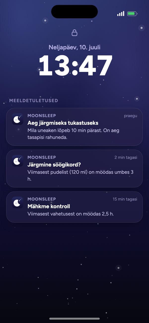 Moonsleepi meeldetuletused lukustuskuval: järgmine tukastus, järgmine söögikord, mähkme kontroll