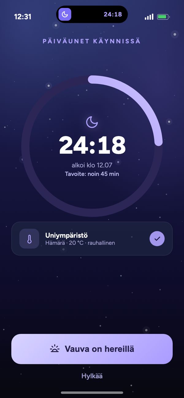 Unen seuranta live-ajastimella: ”Päiväunet käynnissä 24:18” Moonsleep-sovelluksessa