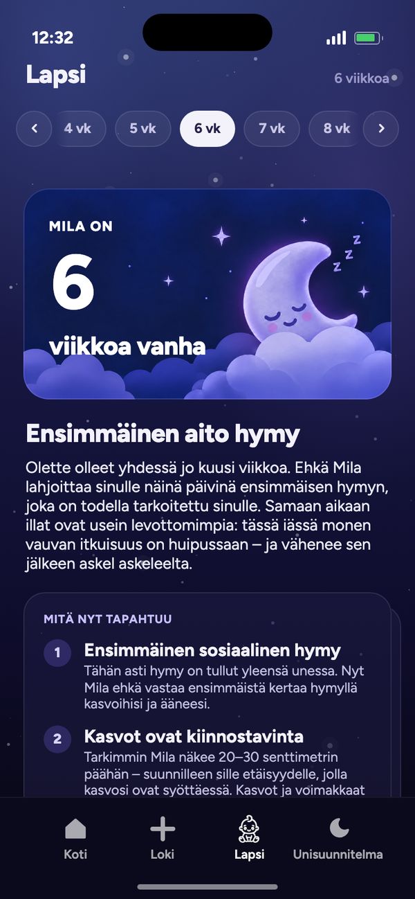 Kehitys viikko viikolta Lapsi-välilehdellä: ”Mila on 6 viikkoa vanha” ja ”Ensimmäinen aito hymy”