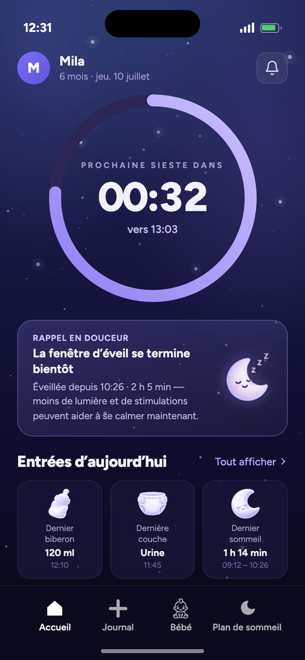 Écran d’accueil de l’appli Moonsleep : compte à rebours jusqu’à la prochaine sieste, rappel en douceur et entrées d’aujourd’hui