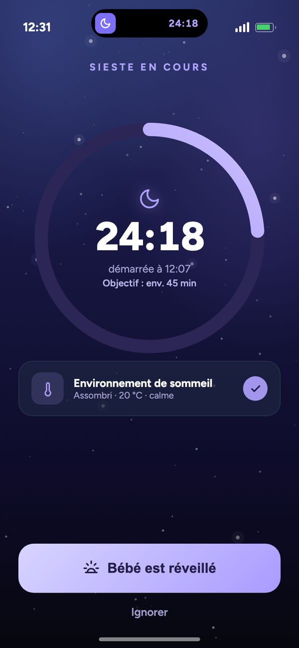 Suivre le sommeil avec le minuteur en direct : affichage « Sieste en cours 24:18 » dans l’appli Moonsleep