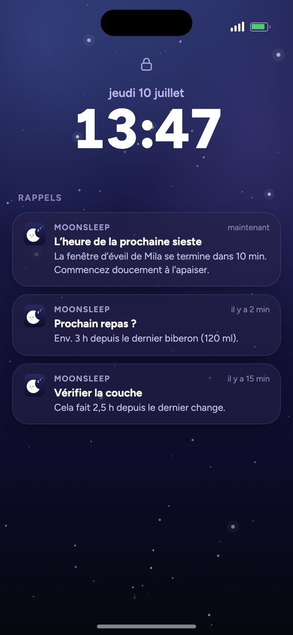 Rappels de Moonsleep sur l’écran verrouillé : prochaine sieste, prochain repas, vérifier la couche
