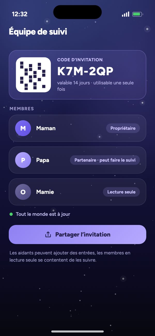 Partager avec ton partenaire dans l’équipe de suivi : code d’invitation, Maman, Papa peut faire le suivi, Mamie en lecture seule