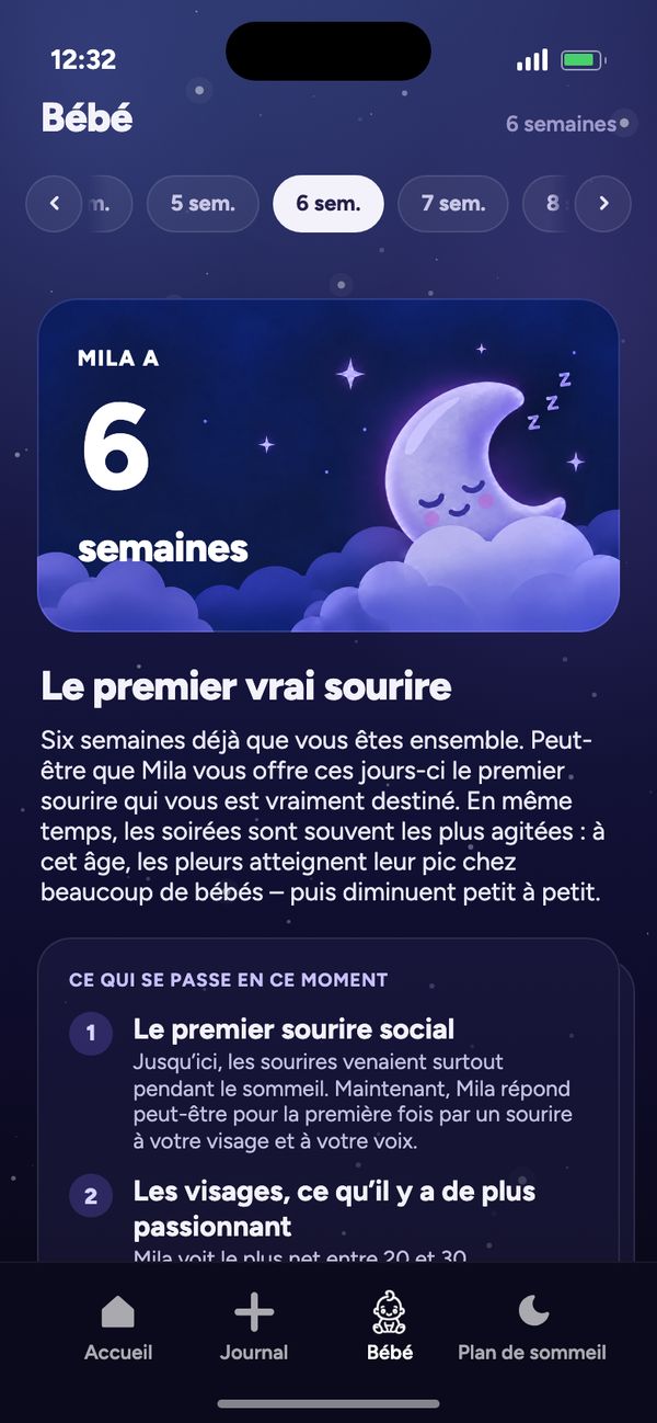 Développement semaine après semaine dans l’onglet Bébé : « Mila a 6 semaines » et « Le premier vrai sourire »