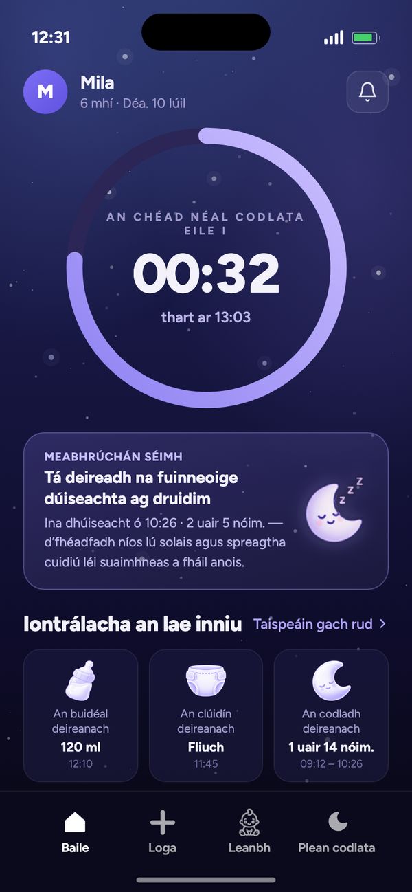 Scáileán baile Moonsleep: comhaireamh síos go dtí an chéad néal codlata eile, meabhrúchán séimh agus iontrálacha an lae inniu