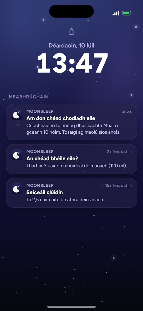 Meabhrúcháin Moonsleep ar an scáileán glasála: an chéad chodladh eile, an chéad bhéile eile, seiceáil clúidín