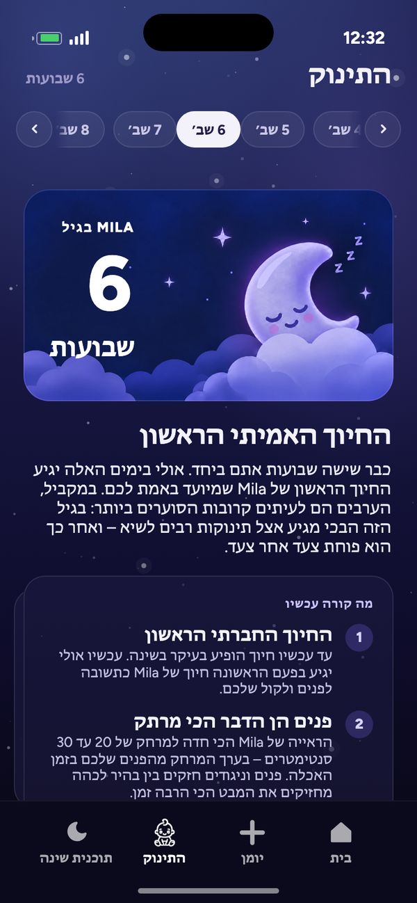 התפתחות שבוע אחר שבוע בלשונית "התינוק": "Mila בגיל 6 שבועות" ו"החיוך האמיתי הראשון"