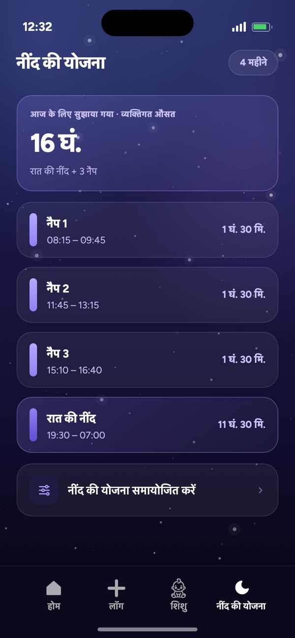 उम्र के हिसाब से नींद की योजना, 4 महीने के बच्चे के लिए: 16 घं. सुझाया गया, 3 नैप, रात की नींद 19:30–07:00