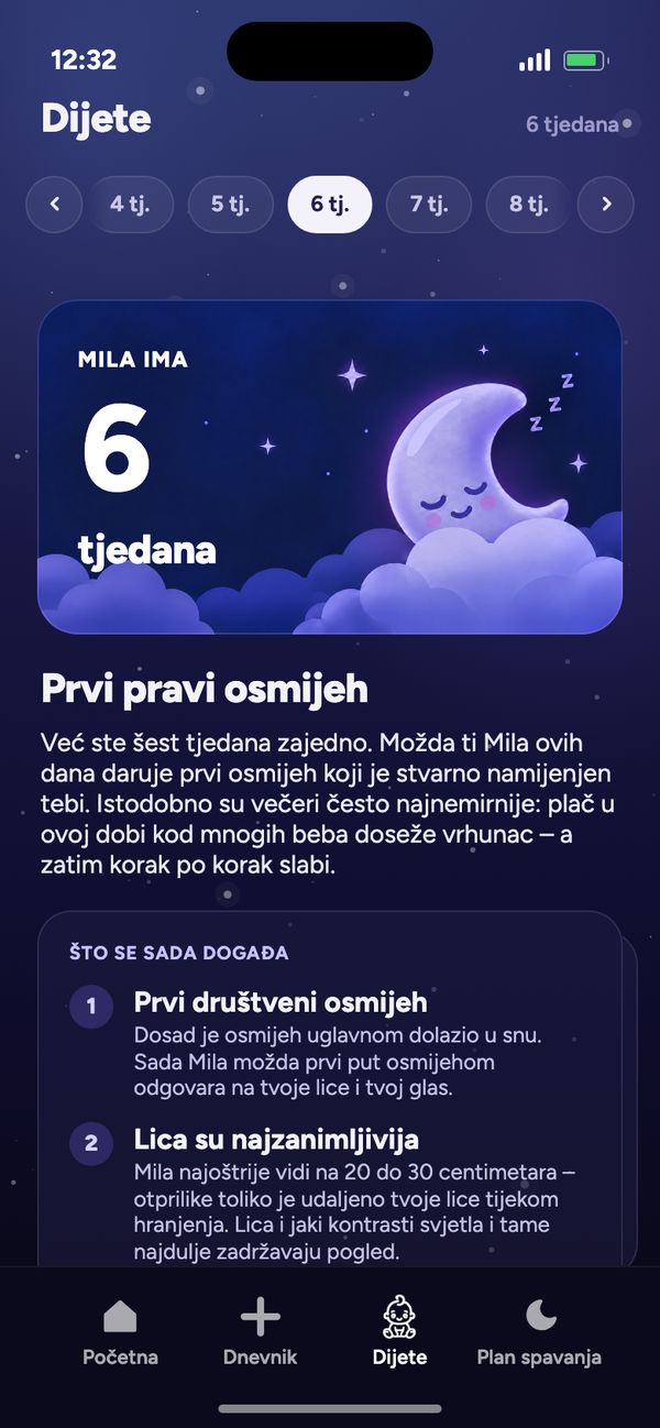 Razvoj tjedan po tjedan u kartici Dijete: „Mila ima 6 tjedana“ i „Prvi pravi osmijeh“