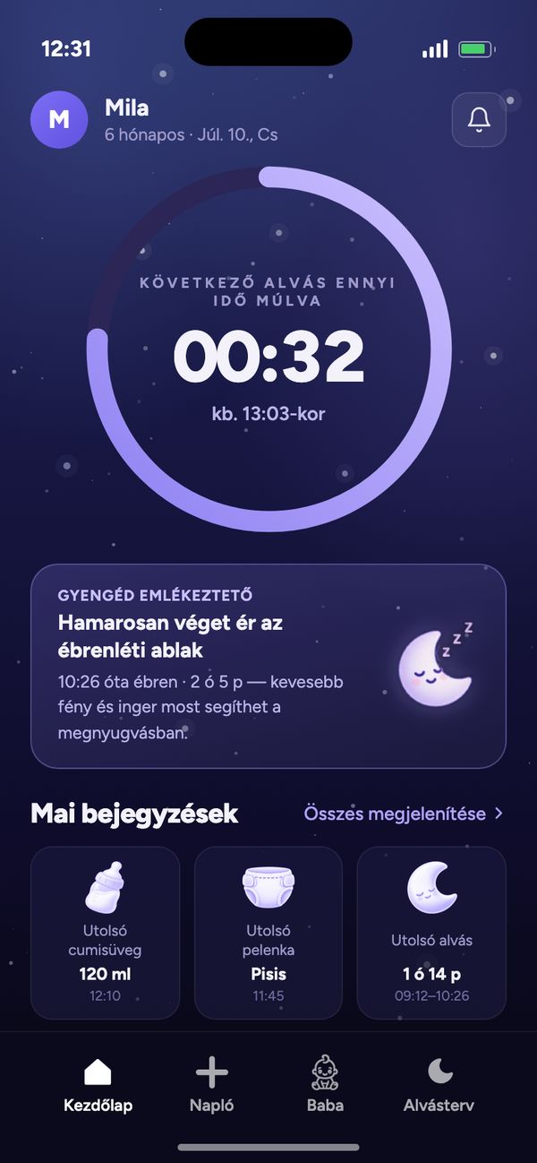 A Moonsleep app kezdőlapja: visszaszámlálás a következő alvásig, gyengéd emlékeztető és a mai bejegyzések