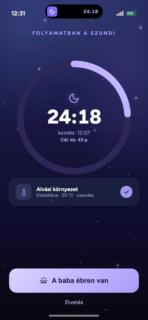 Alvás követése élő időzítővel: „Folyamatban a szundi 24:18” kijelzés a Moonsleep appban
