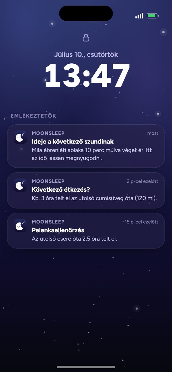 A Moonsleep emlékeztetői a lezárási képernyőn: következő szundi, következő étkezés, pelenkaellenőrzés
