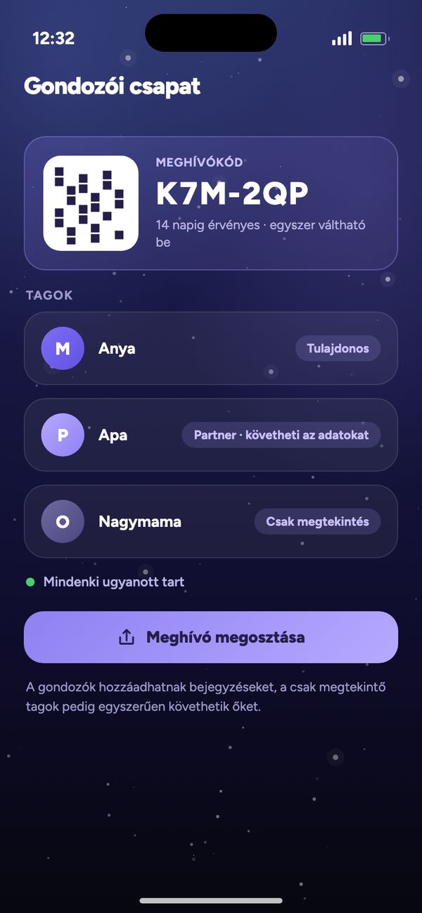 Megosztás a pároddal a gondozói csapatban: meghívókód, Anya, Apa követheti az adatokat, Nagymama csak megtekintheti