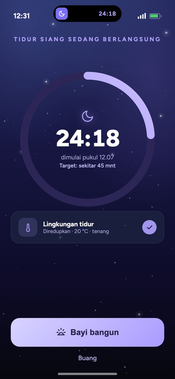 Mencatat tidur dengan timer langsung: tampilan “Tidur siang sedang berlangsung 24:18” di aplikasi Moonsleep
