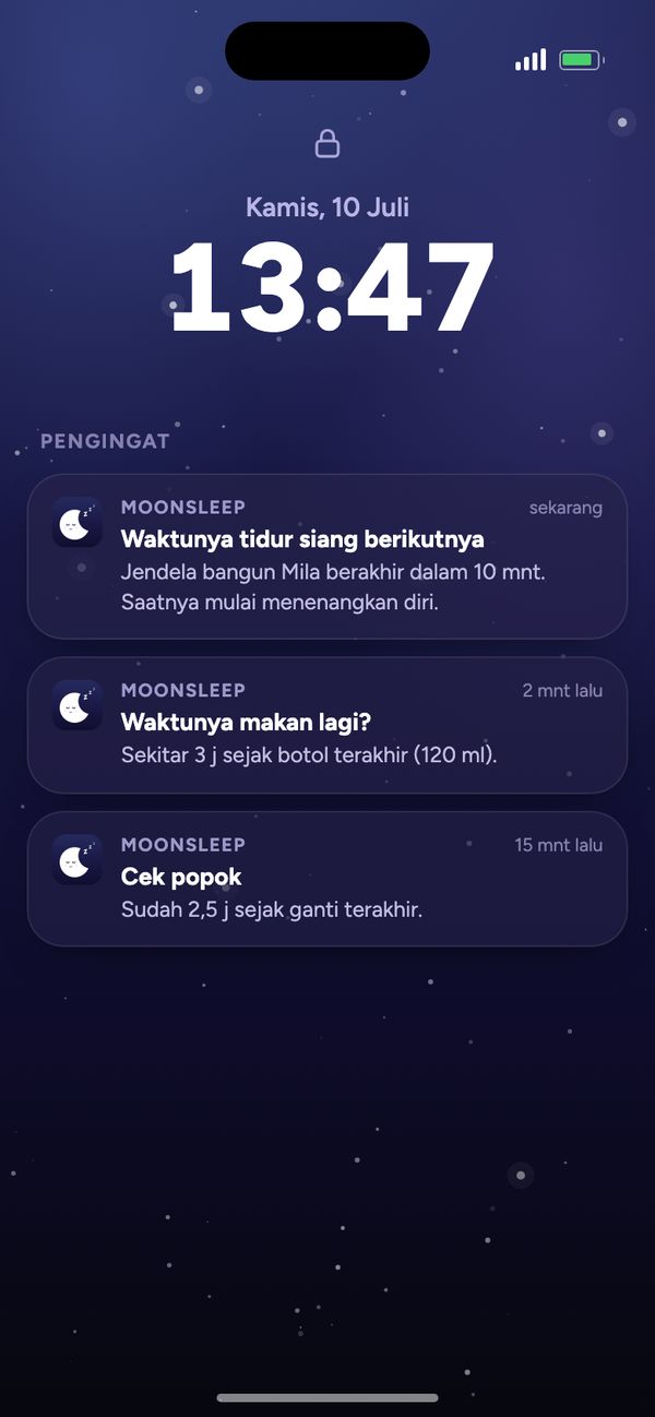 Pengingat Moonsleep di layar kunci: waktunya tidur siang berikutnya, waktunya makan lagi, cek popok