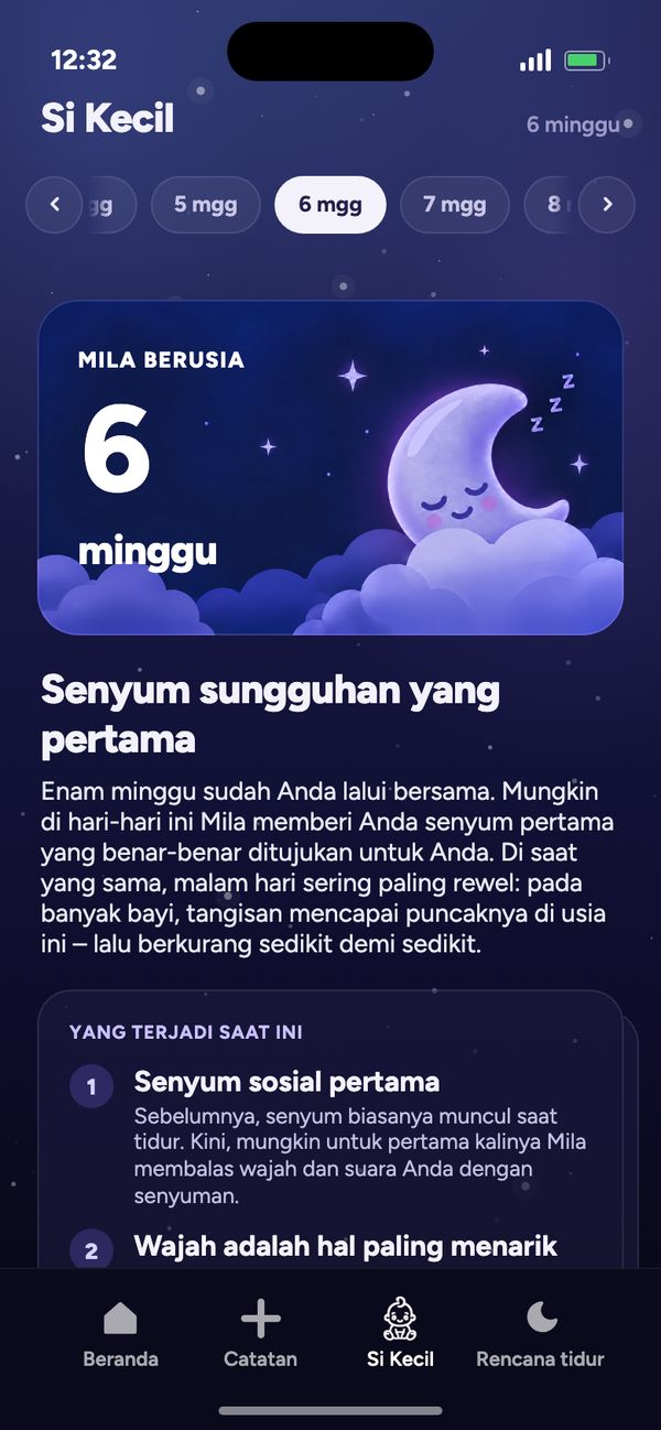 Perkembangan minggu demi minggu di tab Si Kecil: “Mila berusia 6 minggu” dan “Senyum sungguhan yang pertama”