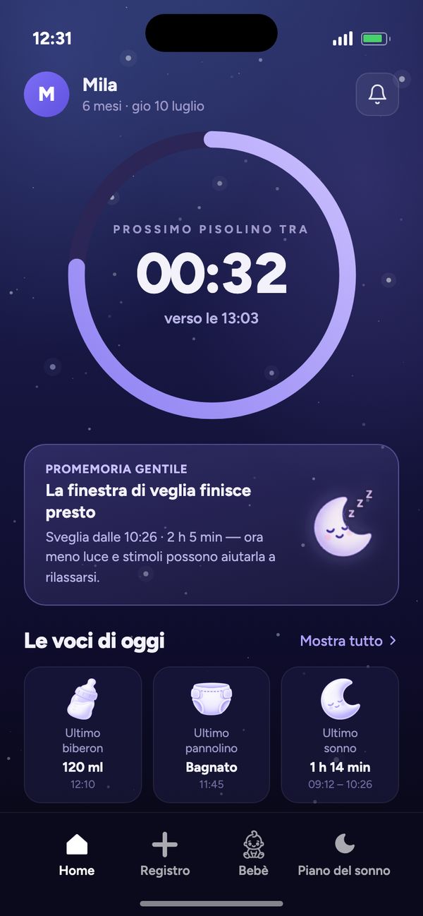 Schermata Home dell’app Moonsleep: conto alla rovescia per il prossimo pisolino, promemoria gentile e voci di oggi