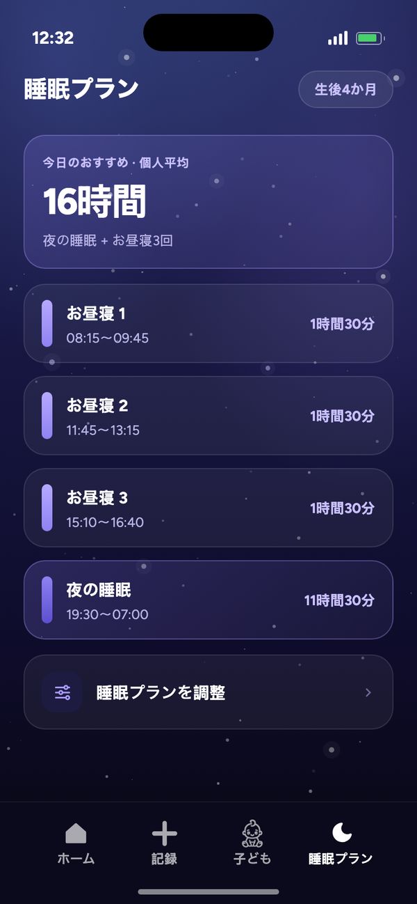 月齢別の睡眠プラン（生後4か月）：おすすめ16時間、お昼寝3回、夜の睡眠19:30〜07:00