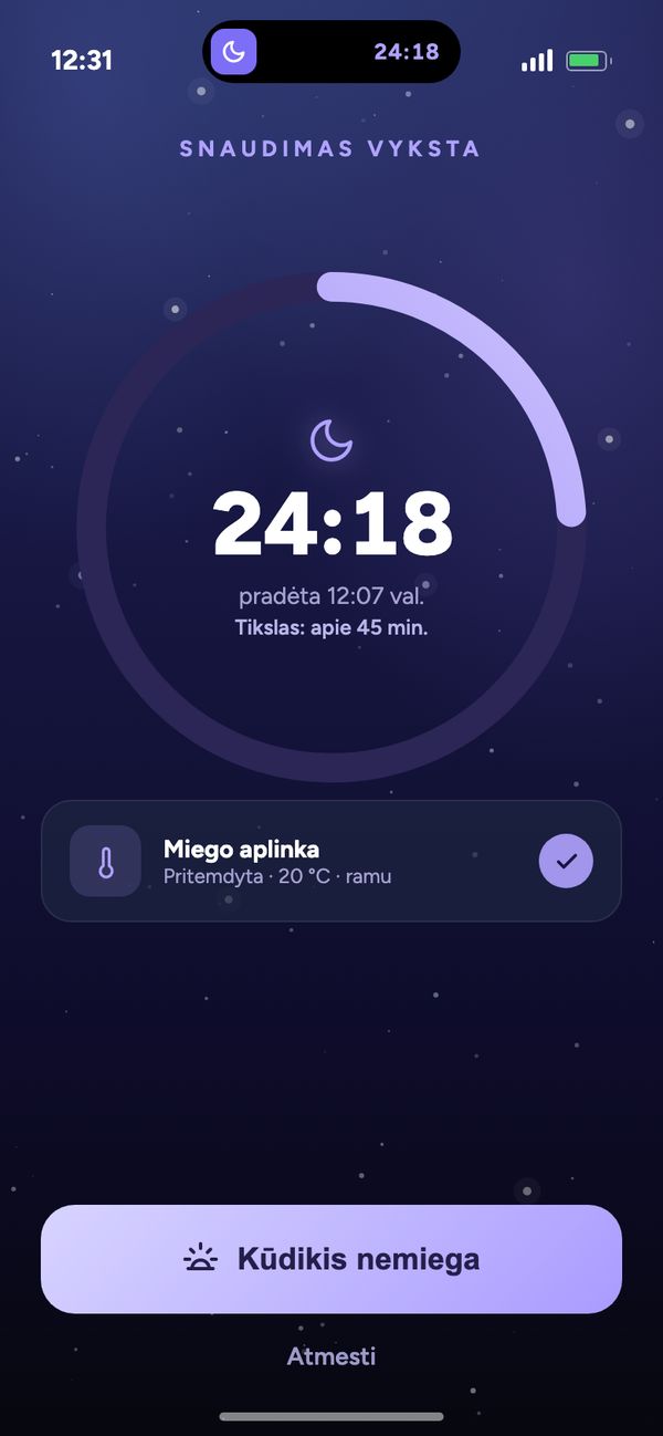 Miego sekimas su tiesioginiu laikmačiu: „Snaudimas vyksta 24:18“ Moonsleep programėlėje