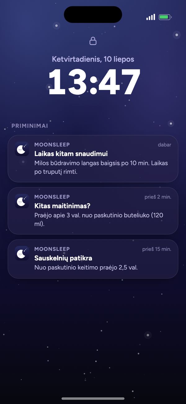 Moonsleep priminimai užrakinimo ekrane: kitas snaudimas, kitas maitinimas, sauskelnių patikra