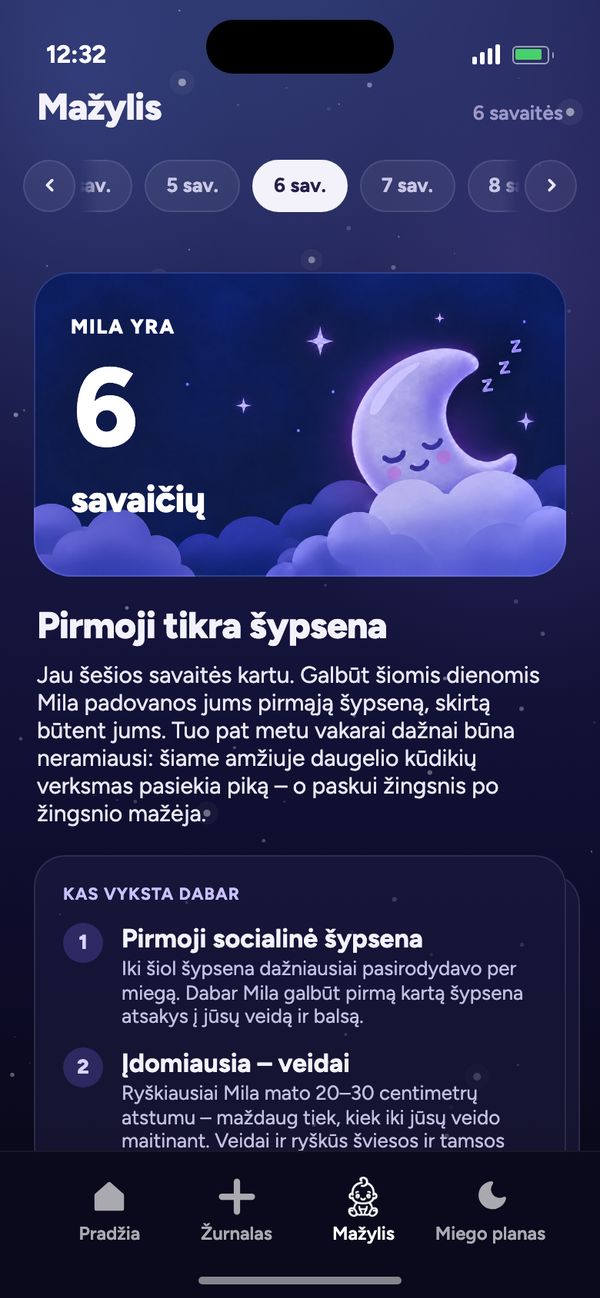 Raida savaitė po savaitės skirtuke „Mažylis“: „Mila yra 6 savaičių“ ir „Pirmoji tikra šypsena“