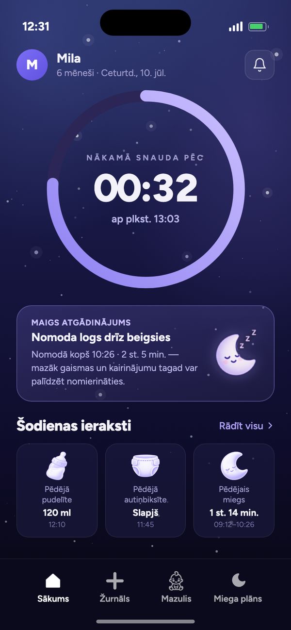 Moonsleep lietotnes sākumekrāns: atpakaļskaitīšana līdz nākamajai snaudai, maigs atgādinājums un šodienas ieraksti