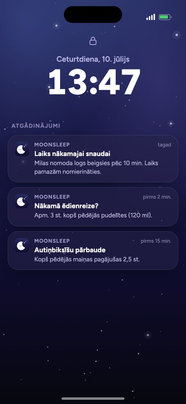 Moonsleep atgādinājumi bloķēšanas ekrānā: nākamā snauda, nākamā ēdienreize, autiņbiksīšu pārbaude