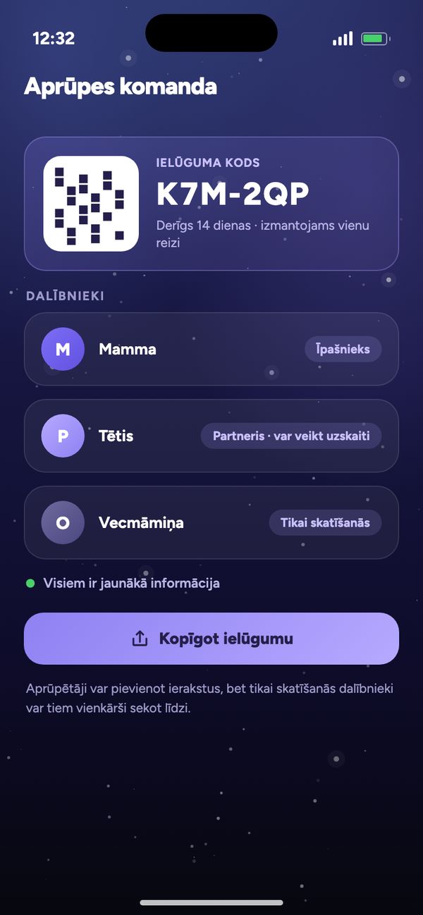 Kopīgo ar partneri aprūpes komandā: ielūguma kods, Mamma – īpašniece, Tētis var veikt uzskaiti, Vecmāmiņa var tikai skatīties