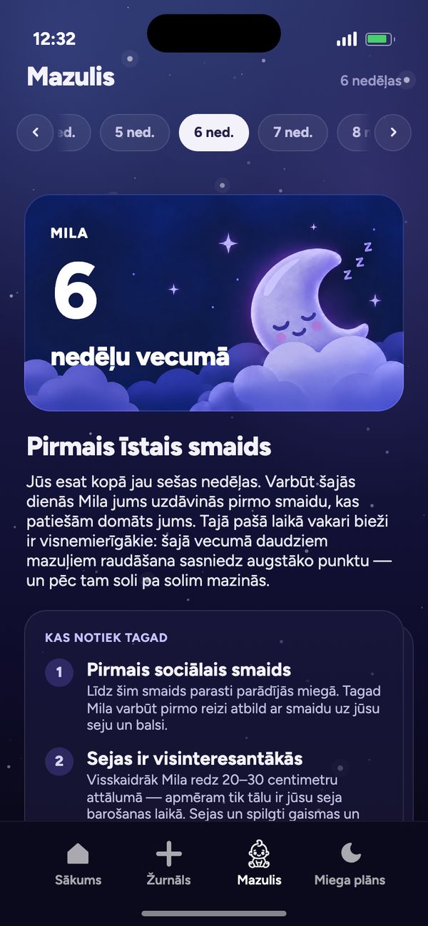 Attīstība nedēļu pēc nedēļas cilnē Mazulis: „Mila 6 nedēļu vecumā“ un „Pirmais īstais smaids“