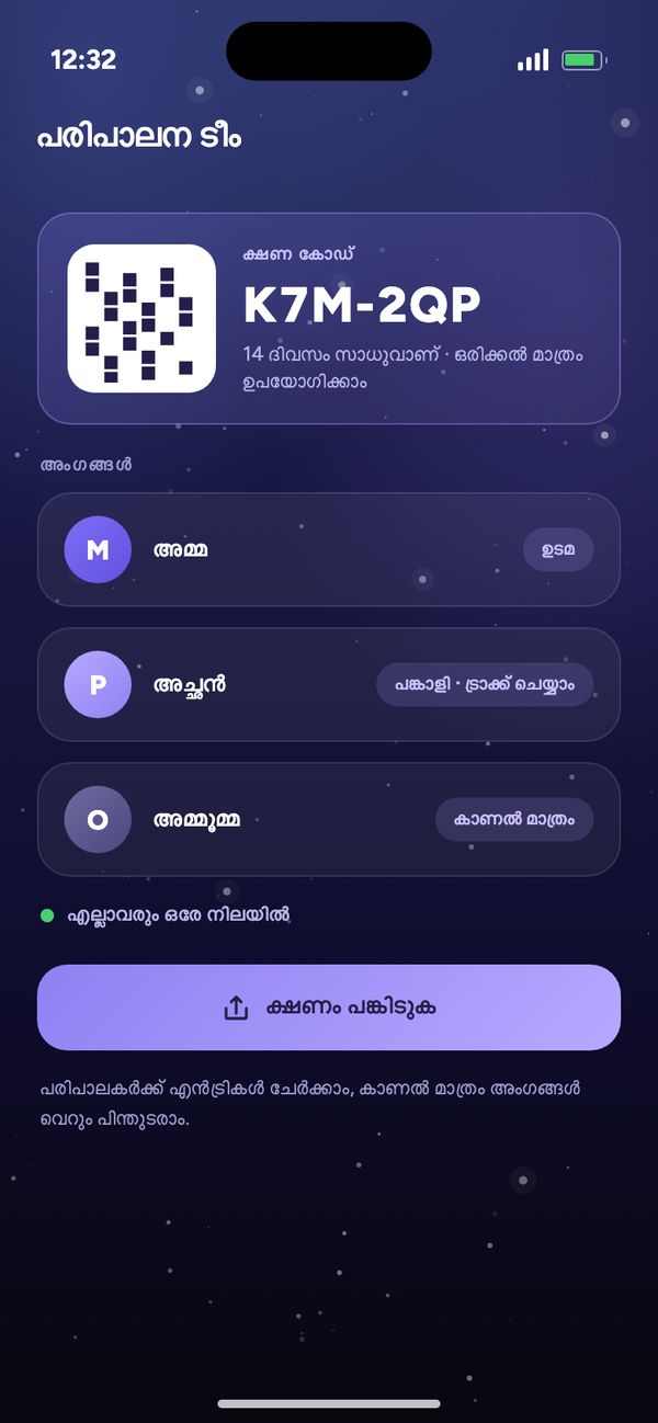 പരിപാലന ടീമിൽ പങ്കാളിയുമായി പങ്കിടൽ: ക്ഷണ കോഡ്, അമ്മ, അച്ഛന് ട്രാക്ക് ചെയ്യാം, അമ്മൂമ്മയ്ക്ക് കാണാൻ മാത്രം