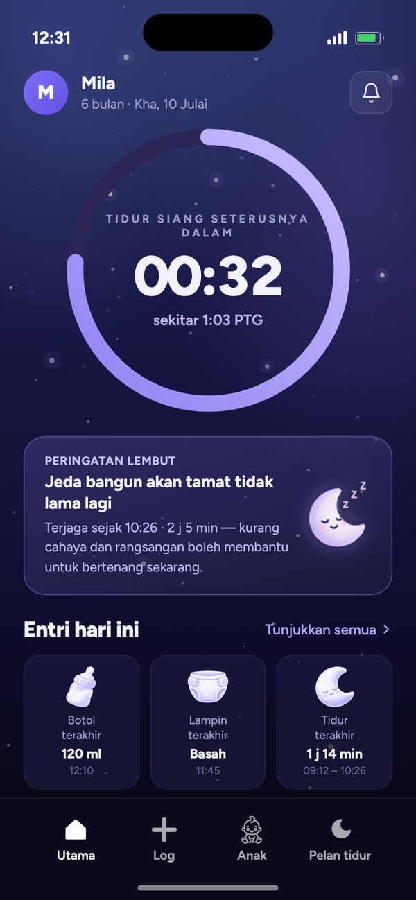 Skrin utama aplikasi Moonsleep: kiraan detik ke tidur siang seterusnya, peringatan lembut dan entri hari ini