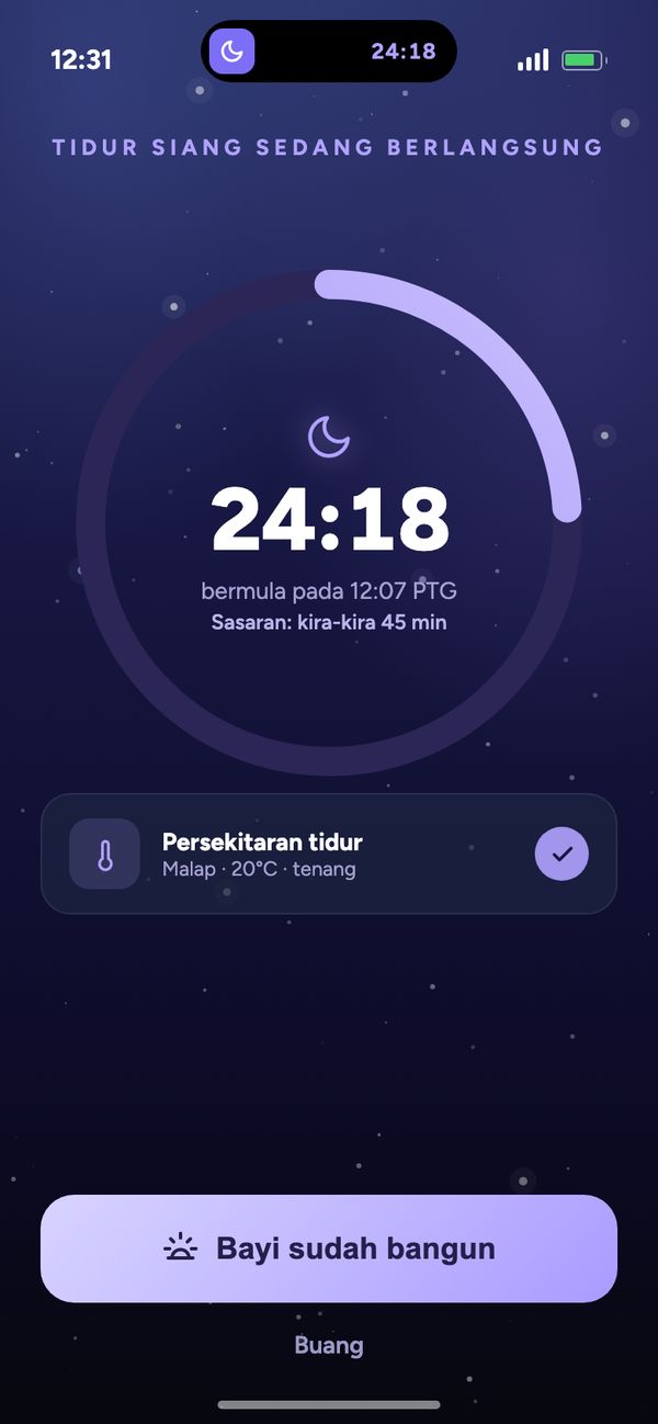 Jejak tidur dengan pemasa langsung: paparan “Tidur siang sedang berlangsung 24:18” dalam aplikasi Moonsleep